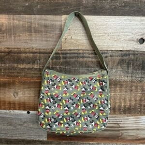 Disney Mickey Mouse Zipper Nylon Purse Shoulder Bag Olive Green Classic Mickey
